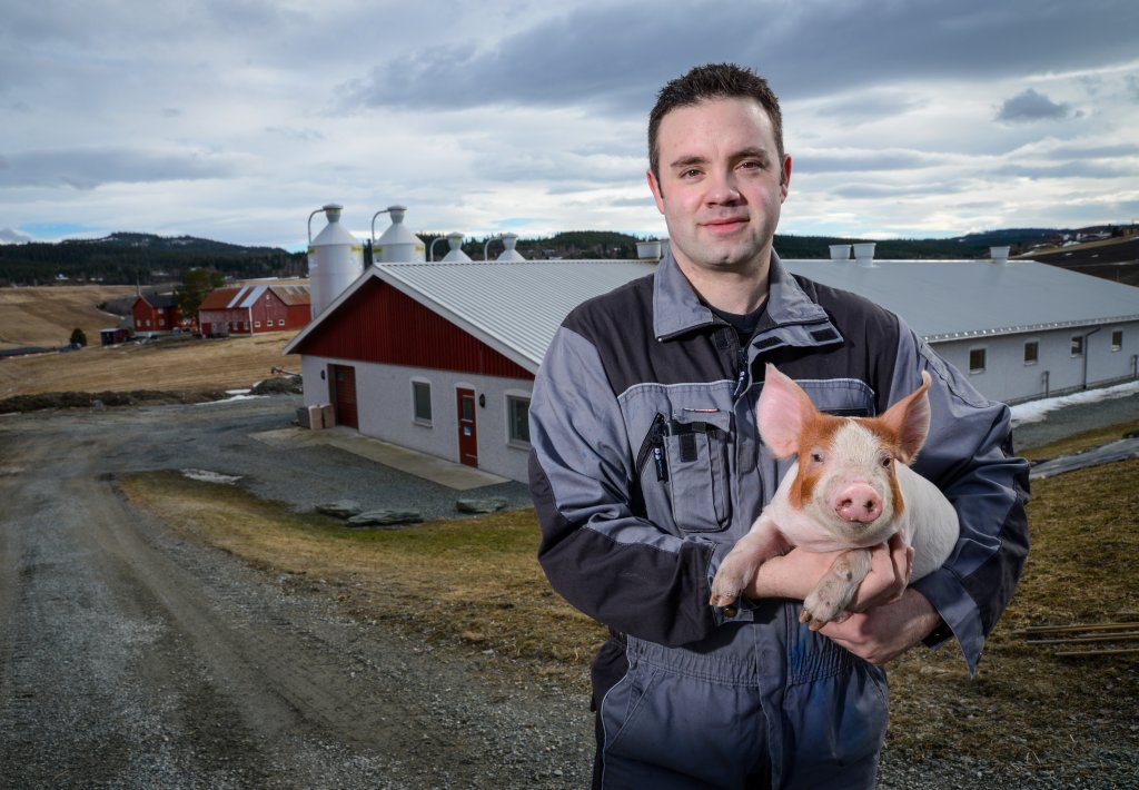 Bonde Kjell Robert Schultz i Skaun er 32 år og driv med gris, sau, gras, korn og skog (Foto: Geir Otto Johansen)
